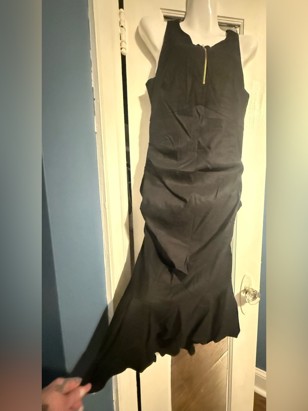Nicole Miller Collection Ruching Gold Zip Pleated Ruffle Mermaid Gown 6 NWT